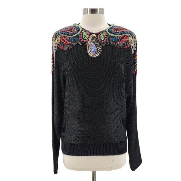 Vintage UMI Collections by Anne Crimmins Beaded Paisley Black Sweater Medium - Picture 1 of 11